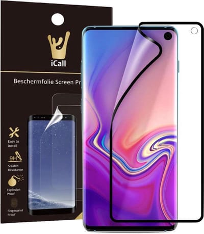 Screenprotector geschikt voor Samsung Galaxy S10 | Glas PET Folie Screen Protector Zwart iCall | Full-Screen