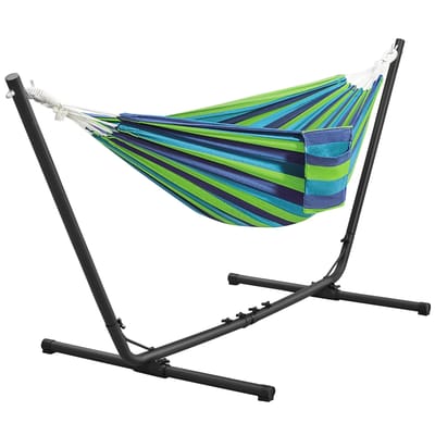 Yaheetech Hangmat met Standaard - Blauw Groen Gestreept - 2-3 Personen, Tot 205 kg