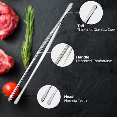 Keukenpincet, 2 stuks 30,5 cm roestvrij staal, fijne kookpincet, tang met precisie, gekartelde tips voor chef-kok, antislip grip voor koken, garneren en braden