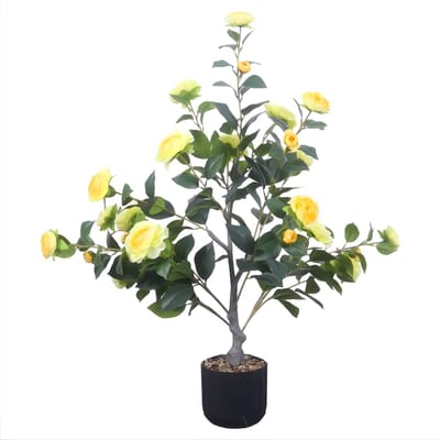 Kunstmatige Camellia Planten - Voor home office en interieurdecoratie - Bloeiend met 28 gele bloemen - 90 cm / Met planter - Yellow Folwer
