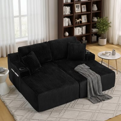 Slaapbank 2 persoons - 2-Zits Relaxbank - Slaapbank - Lounge Sofa - Zachte Corduroy Bekleding - Bekerhouder - Zijvak voor Tijdschriften - Inclusief Kussens - Multifunctioneel - Zwart