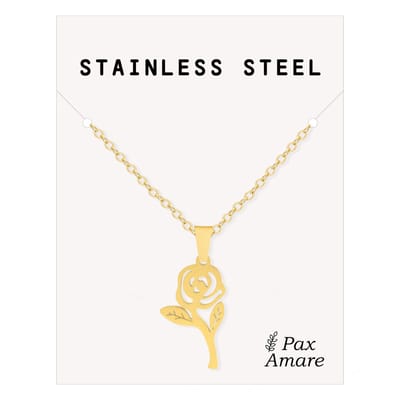 Cadeau Ketting met Roos - Roestvrij Staal - Goudkleurig - Cadeau Sieraad op Kaartje - Pax Amare