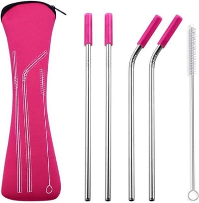 Fako Bijoux® - RVS Rietjes - Herbruikbaar -  4 Stuks - 2 x Recht & 2 x Gebogen - 21 cm - 1 Schoonmaakborsteltje - Neopreen Etui - Roze