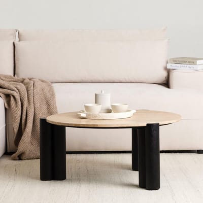 Ronde Salontafel - Koffietafel Woonkamer - Ontspannen Zitten - Uniek Steenblad - 80 cm Diameter - Beige Zwart