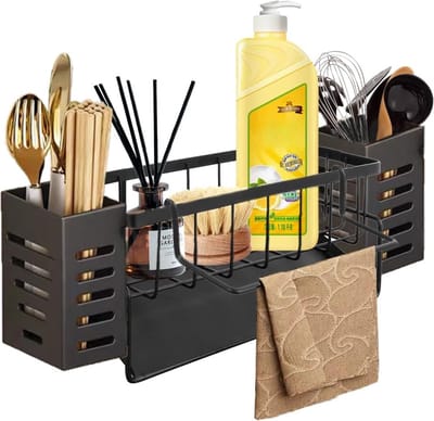 Spoelbakorganizer, keukenorganizer spoelbak, met zelflozend opbergvak, met handdoekhouder en opbergdoos voor afwasborstels, organizer voor keuken en badkamer (zwart)