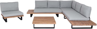 Tuinset met fauteuil MCW-H54, loungeset met bank, gesponnen polyacaciahout, MVG-aluminium ~ lichtbruin, bekleding lichtgrijs