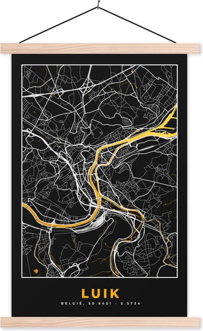 Posterhanger incl. Poster 40x60 cm - Schoolplaat - Kaart - Goud - Luik - Plattegrond - Stadskaart - Textielposter - Blanke latten - Stadskaart