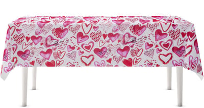 Excellent Houseware Hartjes tafelkleed - wit/rood/roze - 130 x 180 cm - polyester - Valentijn - liefde - romantisch - bruiloft