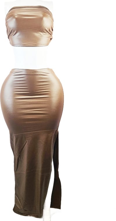 Kleding set - Maat S/M - Stretch - 2 delig wet look rok met top bruin Nep leer dames kleding