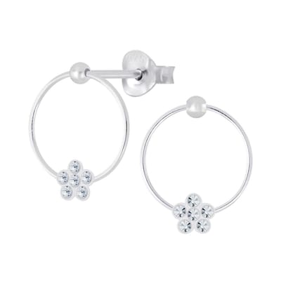 Joy|S - Zilveren cirkel oorbellen met bloem - kristal - 11 mm