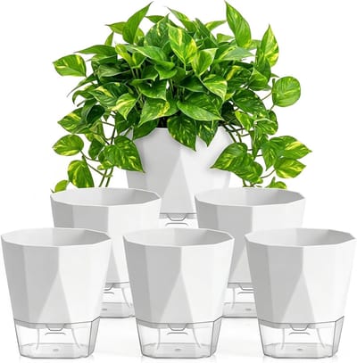 Set van 6 zelfbewaterende bloempotten met bewateringssysteem, ideaal voor binnen- en buitenplanten, 17 cm x 19 cm