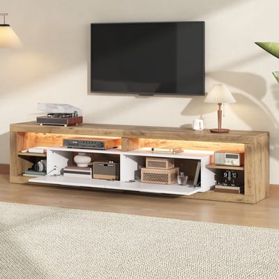 Tv meubel 180x35,5x50cm - met LED-verlichting - 2 lades en 4 open vakken - houtkleur en wit
