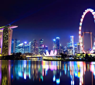 Neon verlichting in de nachtelijke skyline van Singapore - Fotobehang (in banen) - 250 x 260 cm