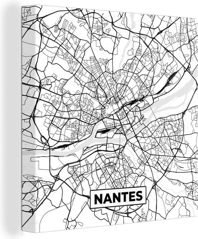 Canvas Schilderij Plattegrond - Nantes - Kaart - Frankrijk - Stadskaart - Zwart wit - 20x20 cm - Wanddecoratie