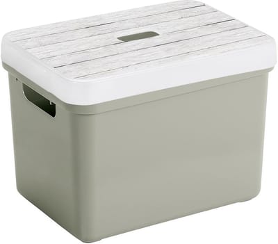 Sunware Opbergbox - lichtgroen - 18L - kunststof - met houtkleur deksel - 35 x 25 x 24 cm