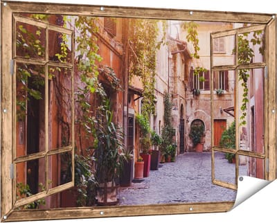 Gards Tuinposter Doorkijk Straatje in Rome met Groene Planten - 150x100 cm - Tuindoek - Tuindecoratie - Wanddecoratie buiten - Tuinschilderij