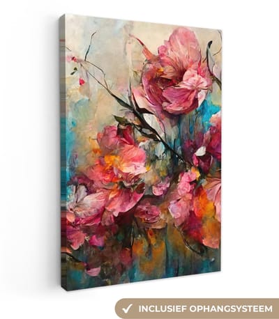 Canvas schilderij bloemen - Kunst - Roze - Canvas doek - Schilderijen op canvas - Woonkamer decoratie - Slaapkamer - 20x30 cm - Wanddecoratie - Foto op canvas - Muurdecoratie - Kamer decoratie