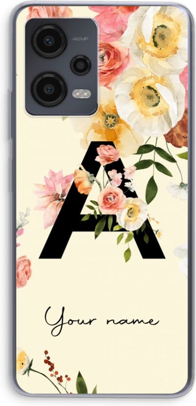 Gepersonaliseerd - Case Company® - Hoesje geschikt voor Xiaomi Redmi Note 12 hoesje - Flirty Flowers Monogram - Soft Cover Telefoonhoesje - Bescherming aan alle Kanten en Schermrand