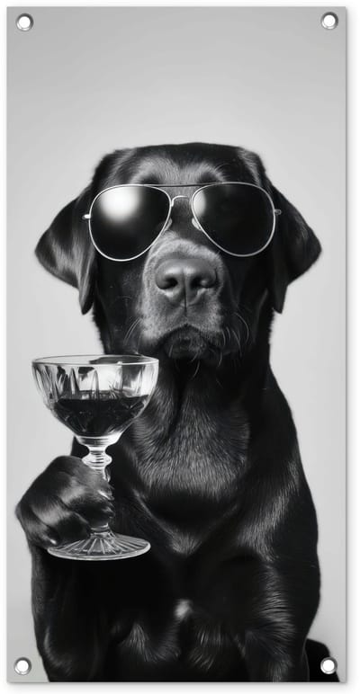 Tuinposter 40x80 cm - Tuindecoratie Hond - Zwart - Wijnglas - Zonnebril - Poster voor in de tuin - Buiten decoratie - Schutting tuinschilderij - Tuindoek muurdecoratie - Wanddecoratie balkondoek