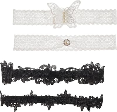 Elegante Bruidsbanden Set van 4, Met Kant en Rekbare Bruidsband voor Dijen van 45cm tot 60cm, Zwart en Wit, Perfect voor Trouwerij en Bruidsaccessoires