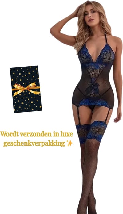 Sexy Lingerieset Dames – Erotische Lingerie – Jarretel Jurkje met Kousen – Zwart & Blauw Kant – Catsuit Erotisch – Lingerie Setje met Jarretels – Verleidelijke Lingerie – Sexy Boudoir Look – Kinky en Luxe – Dare to Undress – One Size