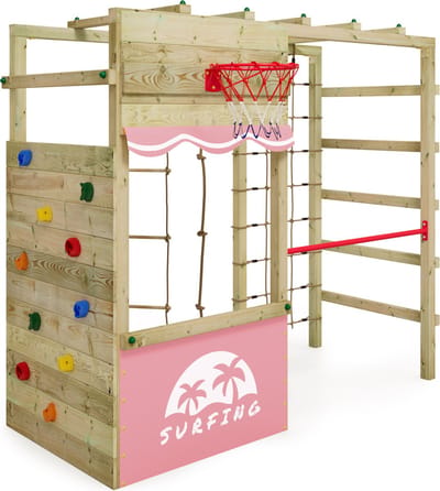 Wickey Smart Action Speeltoestel - Hangladder met Klimnet en Klimwand - Basketbalring & Winkel - 250x105x220 cm - Pastelroze