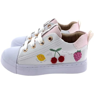 Shoesme Witte Sneaker Met Kersjes - Veterschoen Kind - Meisjes - White Fruits - Microleer - Maat 27