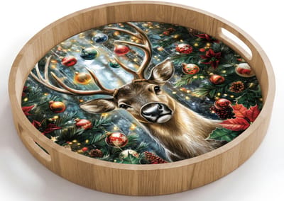 Dienblad rond 40x40 cm - Schootdienblad hout - Kerstfeest - Dennenbos - Rood - Borrelplank rechthoek - Plateau houten dienbladen