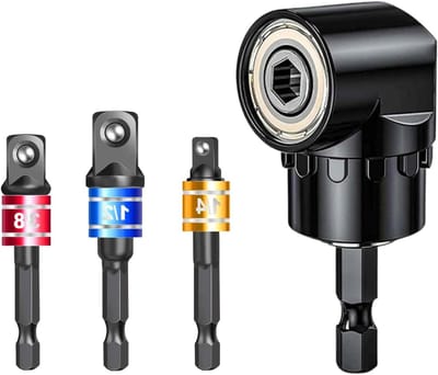 Hoekschroevendraaier 105° met Hulpadapter 1/4" Hex Shank Boor + 3 Socket Adapters (1/4", 1/2", 3/8"), Hex Steeksleutel, Moerset, Multifunctioneel Gereedschap
