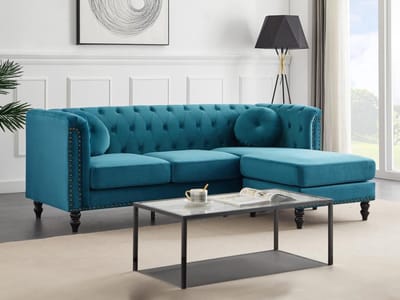 Vente-unique Omkeerbare hoekbank van blauwgroen velours TURNER