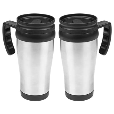 HI Thermosbeker/warmhoudbeker Koffie To Go - 2x - zilver/zwart - 450 ml - koffie/thee bekers - dubbelwandig