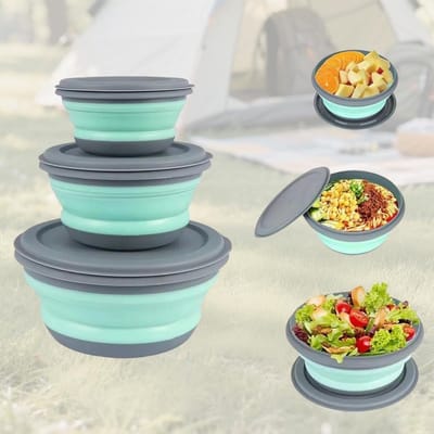 Famanu – Set van 3 opvouwbare kommen met deksel, ideaal voor camping en outdoor, ruimtebesparend en lichtgewicht