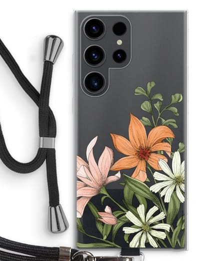 Case Company® - Hoesje met koord geschikt voor Samsung Galaxy S23 Ultra hoesje met Koord - Floral bouquet - Telefoonhoesje met Zwart Koord - Bescherming aan alle Kanten en Over de Schermrand