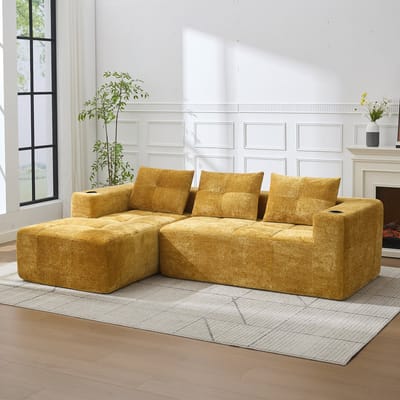 HAUSS SPOLE Hoekbank - Minimalistisch Comfort Met Bekerhouders - Voor Woonkamer En Appartement - Chenille Bekleding - Geel