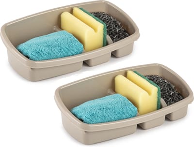 Plasticforte Keukenspons houder - 2x stuks - 26x14 cm - taupe - doekjes organizer - keuken - kunststof