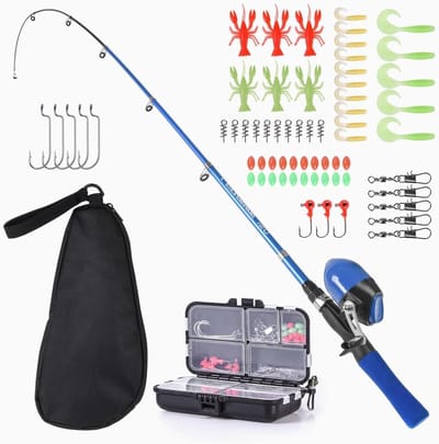 LEOFISHING Kids Visstok 150cm/4.92ft Draagbare Telescopische Hengel en Reel Combos Kit Spincast Jeugd Visstok Visgerei voor Kinderen Jongens Meisjes Grenn Blauw
