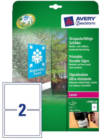 AVERY ZWECKFORM ETIKETTEN, WEER, WATER EN TEMPERATUUR BESTENDIG, 190x135mm