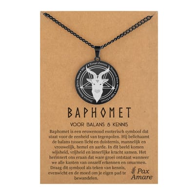 Baphomet Ketting op Cadeau Kaartje - Zwart - Spirituele Talisman - Roestvrij Staal / Stainless Steel - Duivel Symbool - 60cm - Pax Amare