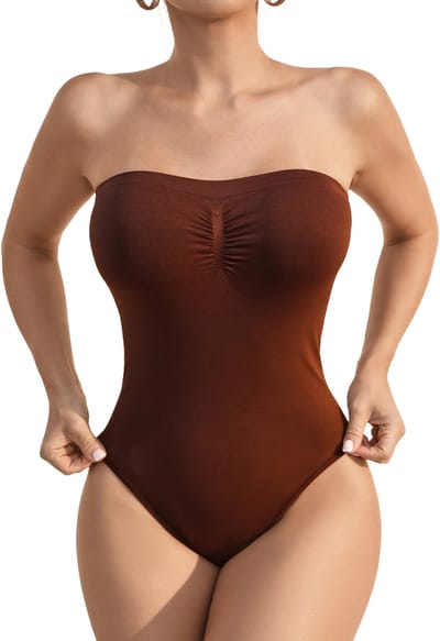 Strapless body - Bruin - Maat S - Naadloos - Body zonder Bandjes - corrigerende bodysuit - dames body - onzichtbare body - Bodysuit zonder beugel - corrigerend ondergoed dames - corrigerende string - shapewear - Corrigerende body's
