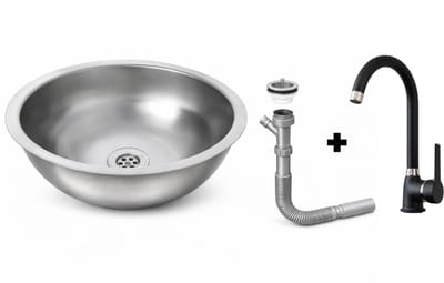 Spoelbak Keuken 34cm Rond met Zwarte Chroom Kraan - RVS - ideal voor Caravan