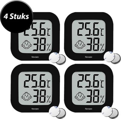 Novaex® Hygrometer - 4-Pack - Incl batterijen en plakstrips - Luchtvochtigheidsmeter - Weerstation - Hydrometer - Hygrometer voor binnen