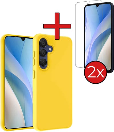 Hoesje - Met 2x Screenprotector - Geschikt voor Samsung Galaxy A15 - Sterk & Shockproof - Telefoon Hoes - Back Cover - Siliconen Case - Telefoonhoes - Geel