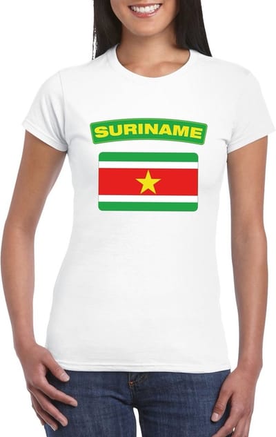 T-shirt met Surinaamse vlag - wit - dames - supporters kleding - korte mouwen S