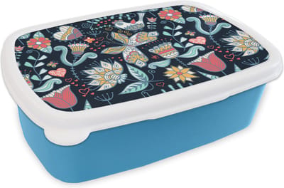 Broodtrommel Blauw - Lunchbox - Brooddoos - Vlinder - Vogel - Bloem - Patroon - 18x12x6 cm - Kinderen - Jongen
