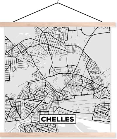 Posterhanger incl. Poster 40x40 cm - Schoolplaat - Frankrijk - Plattegrond - Kaart - Chelles - Stadskaart - Textielposter - Blanke latten - Stadskaart