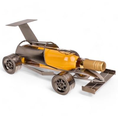 Dailygoods- Wijnflessenhouder racewagen - Stijlvolle decoratie - Robuust metaal - Zilveren afwerking - 30x13x13 cm - Blikvanger voor wijnliefhebbers - Wijnhouder