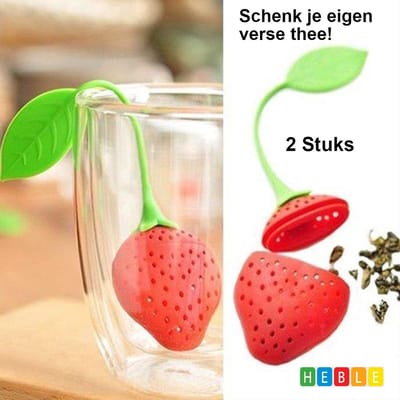 2x Thee-zeef voor Losse Thee ~ Aardbei-thee-ei met groen blad ~ Kruidenbol ~ van Heble®