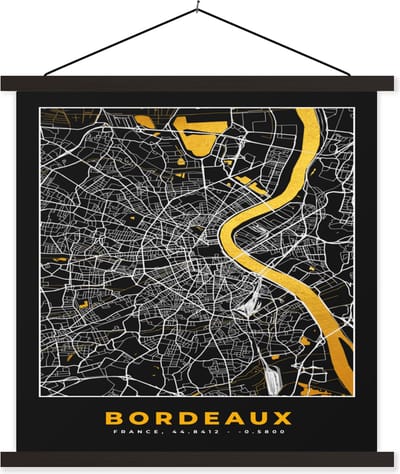 Posterhanger incl. Poster 60x60 cm - Schoolplaat - Frankrijk – Plattegrond – Bordeaux - Stadskaart – Kaart - Textielposter - Zwarte latten - Stadskaart