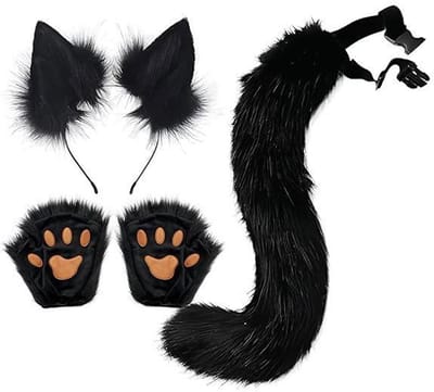 Een driedelige accessoire set Geschikt voor dames met een dierenthema, bestaande uit handschoenen, een haarband en een staart.