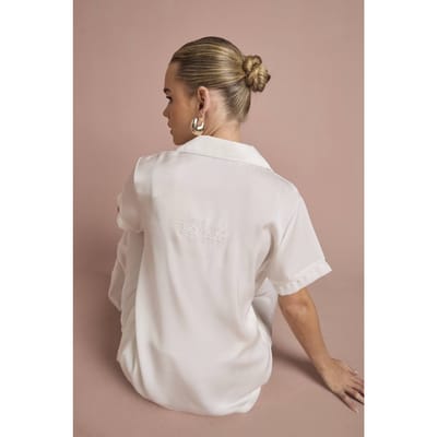 boohoo Dames Bruidspyjama 'Bride' Satijn Geborduurd Korte Mouw Shirt & Broek Set | Wit | Maat: 34